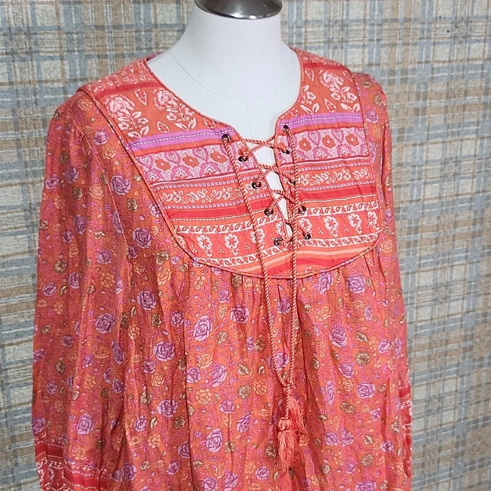 Lucky Brand Boho Peasant Top Orange Floral Embroidered Lace-Up Tassel Blouse - Picture 5 of 10